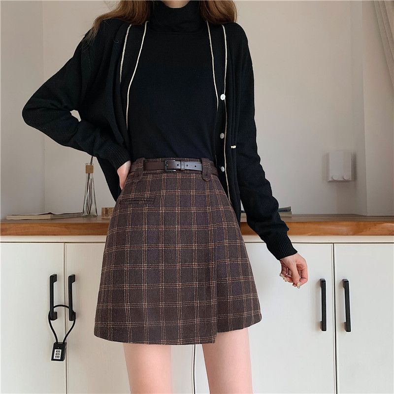 Woolen skirt women's autumn and winter plaid skirt 2020 new spring and autumn student a-line skirt high-waist slim skirt