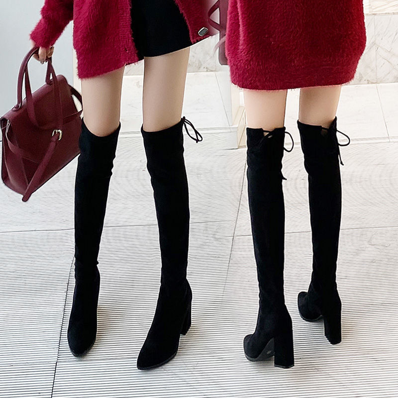 Over the knee boots women 2020 new winter Plush thick heel slim high elastic long tube large Suede Boots