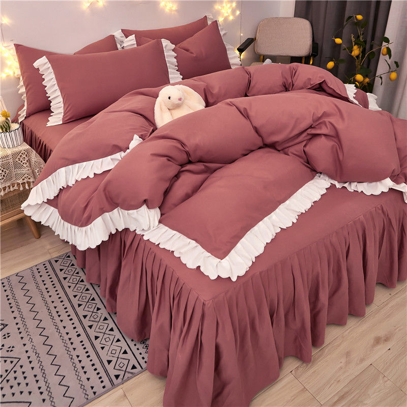 Bed skirt bed sheet four-piece quilt cover girl heart ins princess wind bed three-piece set small fragrance Fengshui washed cotton brushed