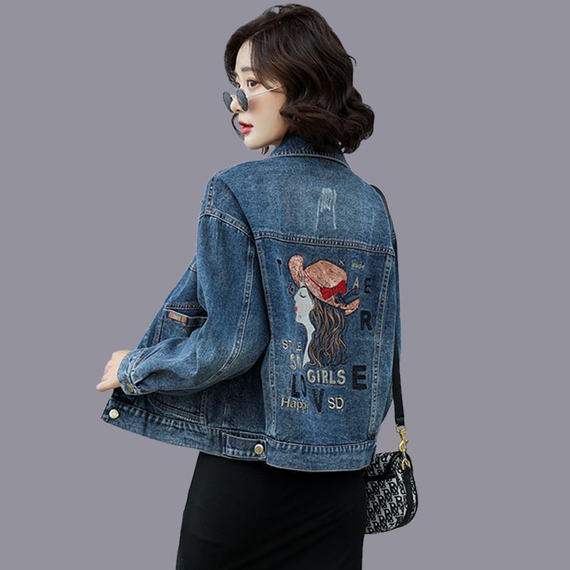  autumn Korean style new denim jacket women's short casual loose beauty head embroidery top