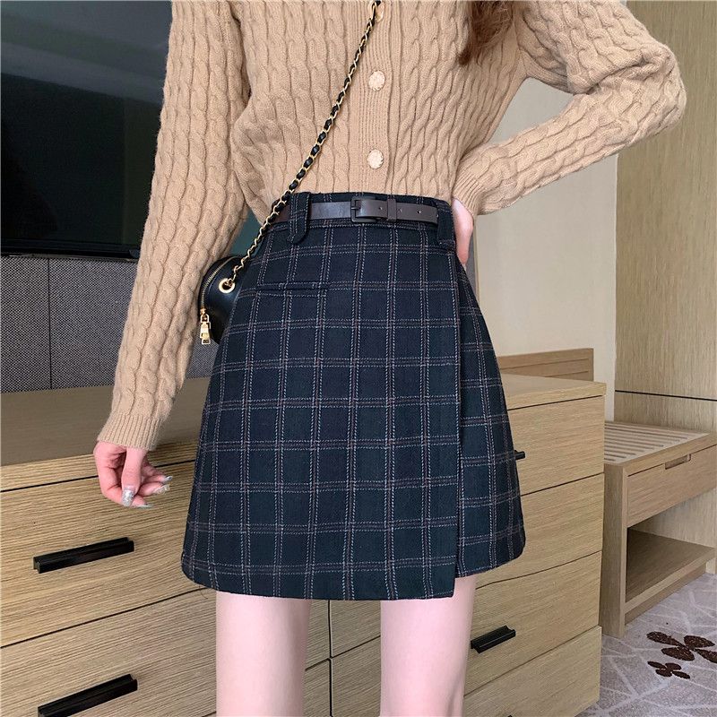 Woolen skirt women's autumn and winter plaid skirt 2020 new spring and autumn student a-line skirt high-waist slim skirt