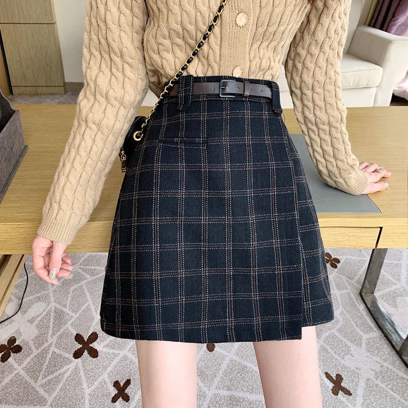 Woolen skirt women's autumn and winter plaid skirt 2020 new spring and autumn student a-line skirt high-waist slim skirt