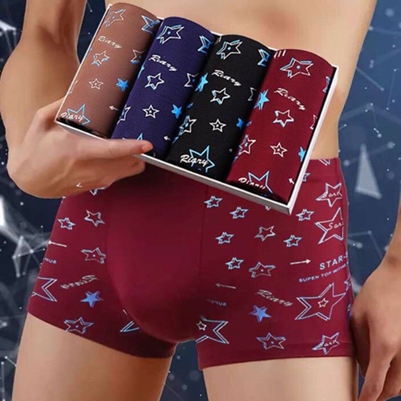 [4 pack] men's underwear, men's boxers, middle waist, breathable, antibacterial, youth tide printing, U-convex, four legged pants