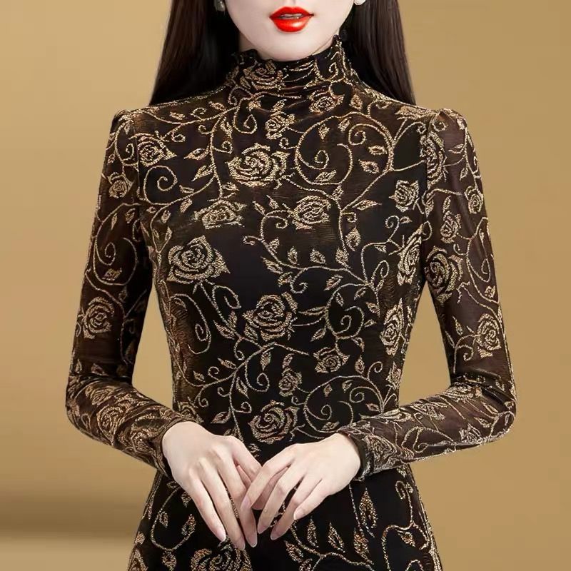 網紗加絨提花女裝2020新款秋裝高領打底衫女秋冬內搭百搭洋氣小衫