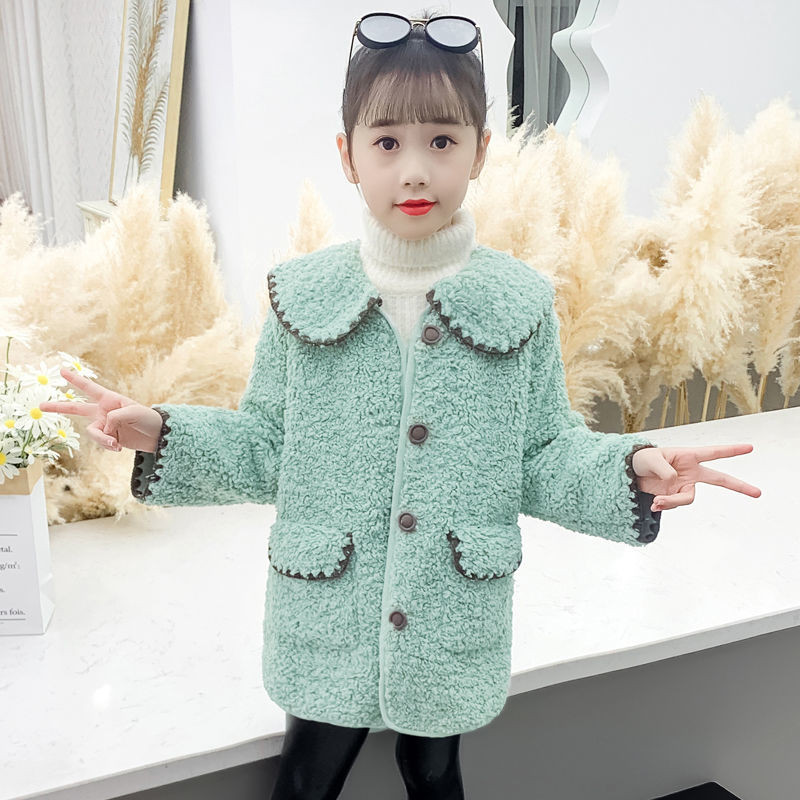 Girls spring and autumn coat 2022 autumn and winter new foreign style girl mid-length lamb wool coat thick wool sweater