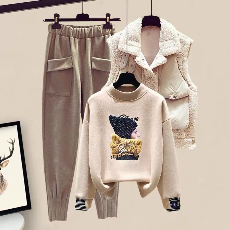Autumn and winter foreign style three piece suit small age reducing suit women's lamb hair vest with cashmere sweater showing high woolen trousers
