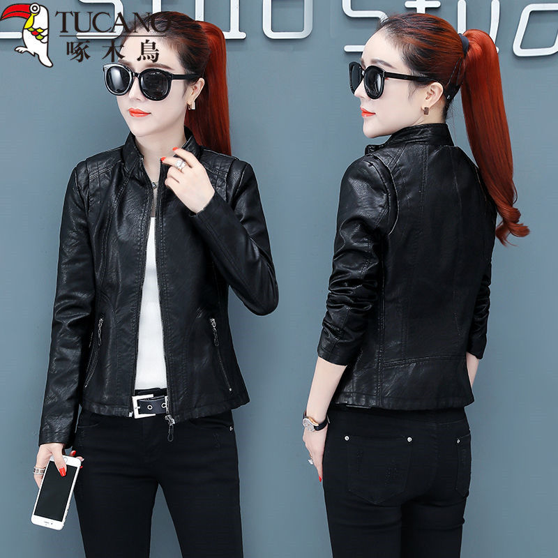 [with / without cashmere] woodpecker leather jacket women's short autumn and winter new women's Korean PU leather jacket