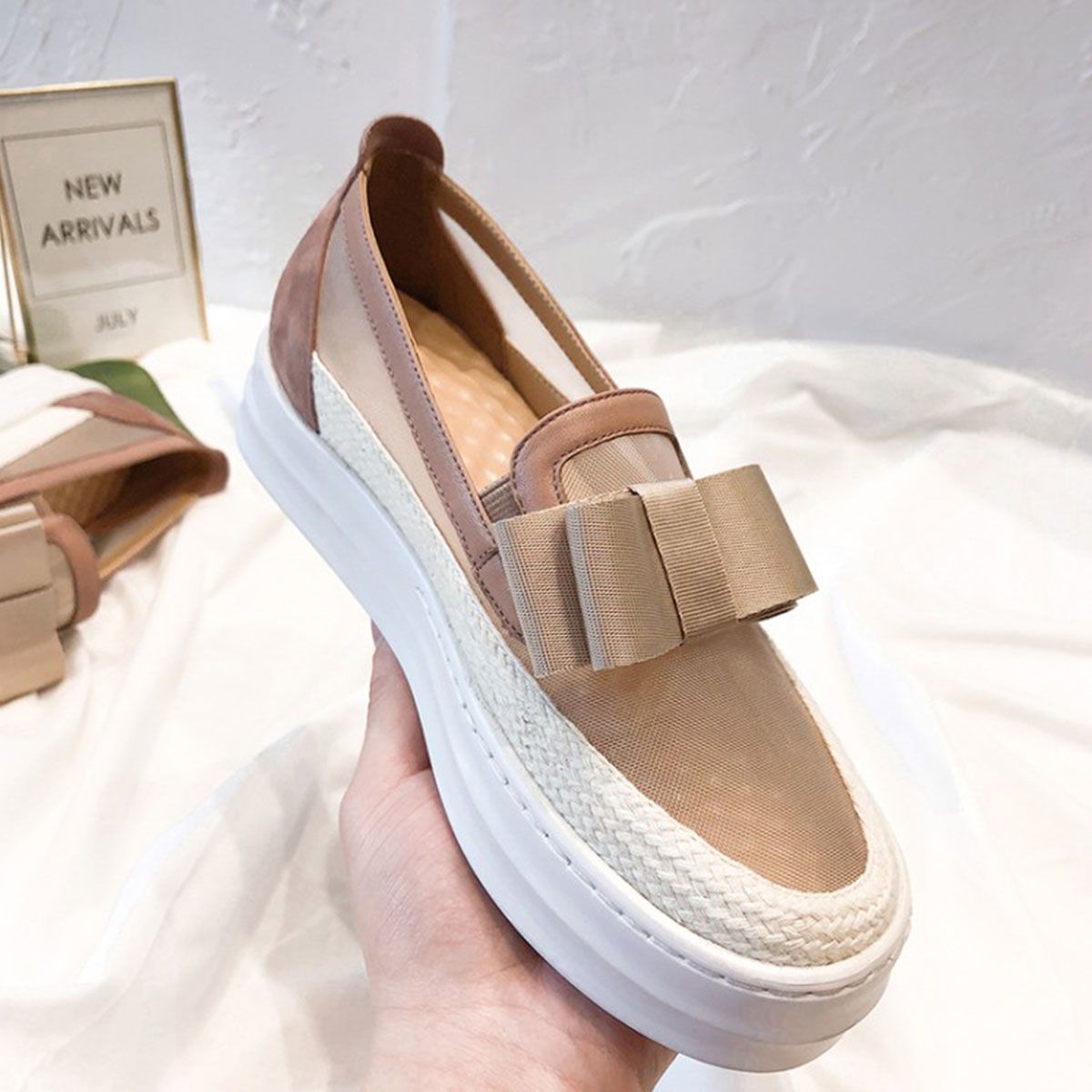 蝴蝶结松糕网纱乐福鞋女2020韩版春夏厚底一脚蹬懒人鞋真皮单鞋