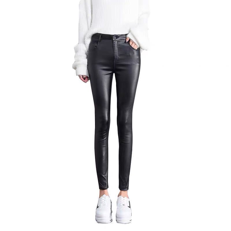 Matte leather pants women's 2023 autumn and winter new black slimming with velvet and no velvet pu leather skinny leggings women's pants