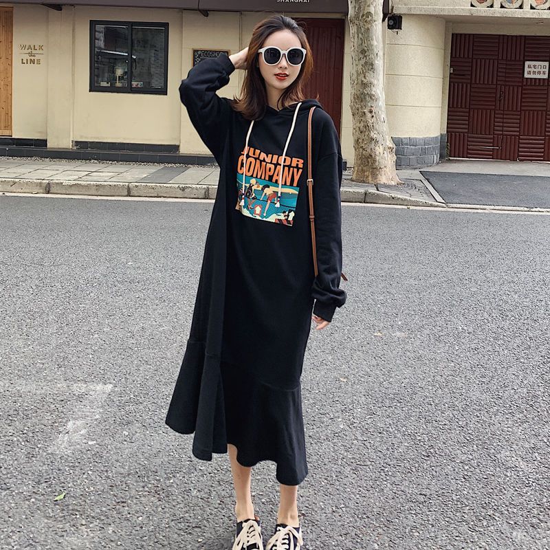 Fat MM extra large size 300 catties long sweater dress spring and autumn loose belly hidden meat showing thin pregnant woman fishtail dress