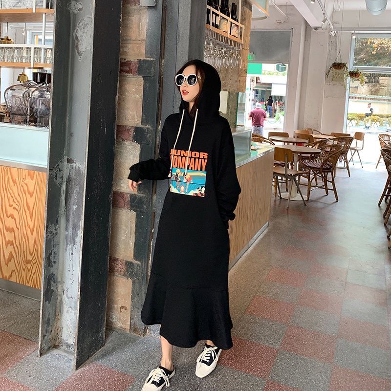 Fat MM extra large size 300 catties long sweater dress spring and autumn loose belly hidden meat showing thin pregnant woman fishtail dress