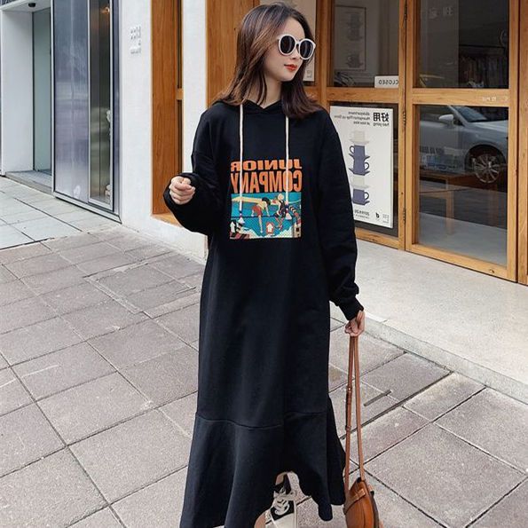 Fat MM extra large size 300 catties long sweater dress spring and autumn loose belly hidden meat showing thin pregnant woman fishtail dress