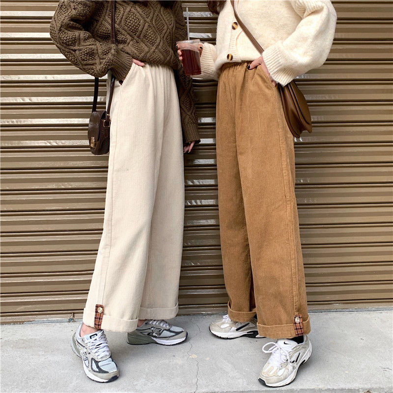 Corduroy wide leg pants women's new winter 2020 high waist casual pants with plush thickening for students to show thin pants