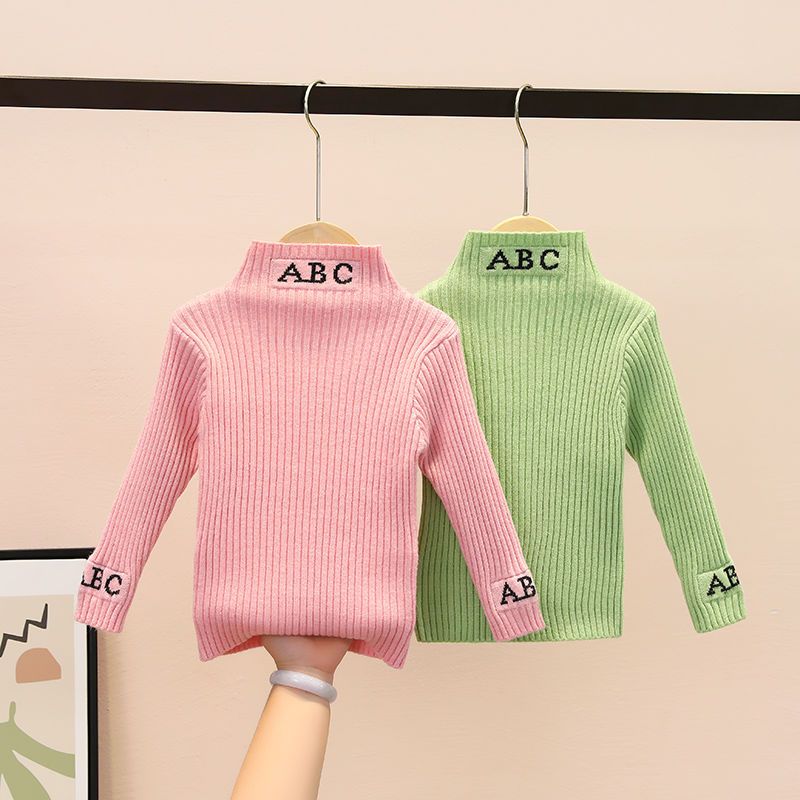 女童装秋冬季百搭字母小高领打底衫韩版中小儿童弹力修身针织毛衣