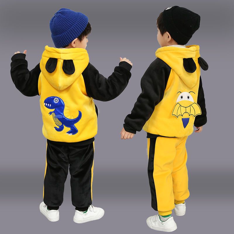 Boys' autumn and winter clothes boys' suit plush and thickened children's handsome children's clothes winter sports two piece set