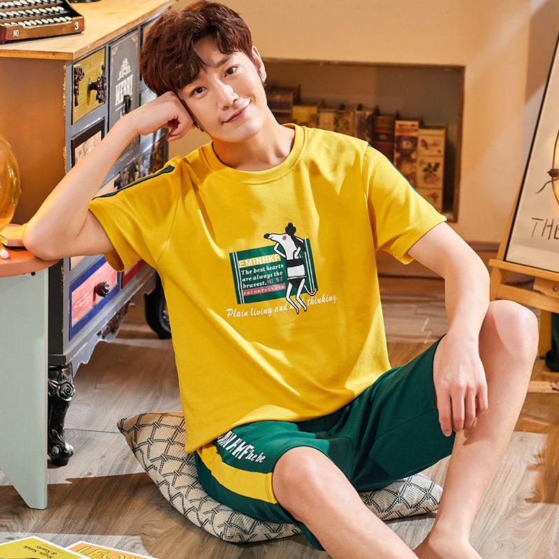 Men's pajamas summer pure color cotton thin short sleeve young student boys cartoon home suit can be worn out