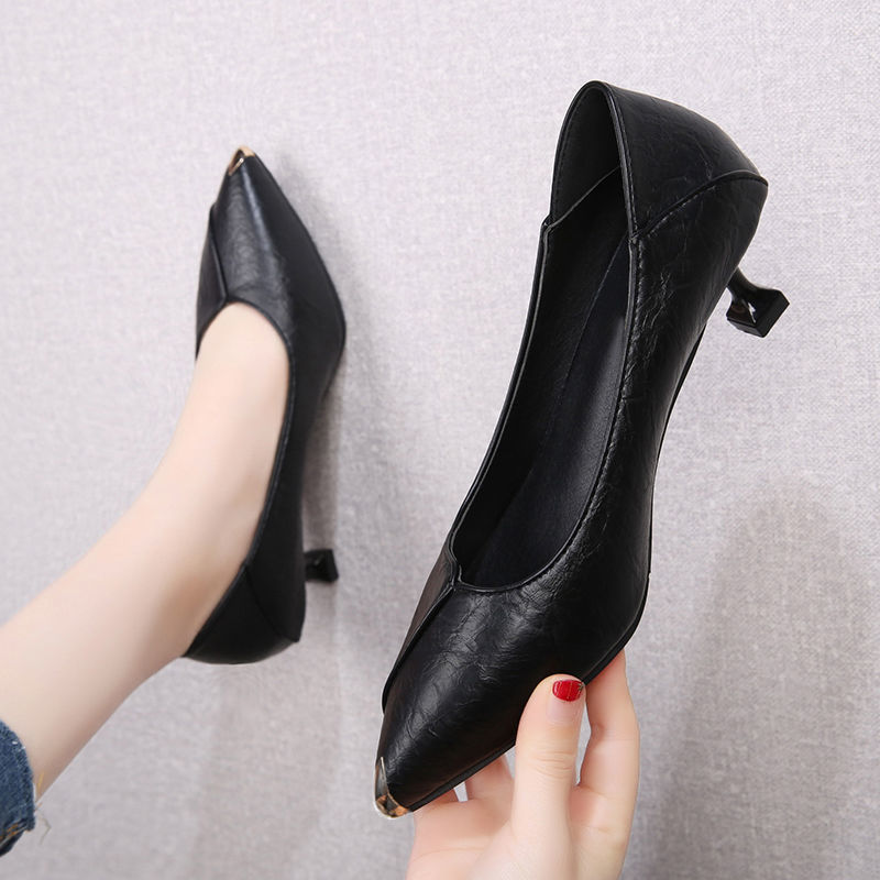黑色猫跟软皮两穿单鞋女新款韩版尖头高跟鞋女四季中跟职业工作鞋