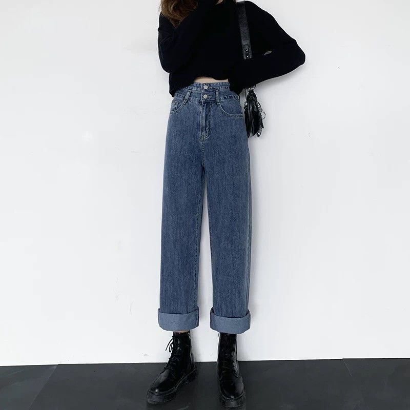 Wide-leg jeans women's straight loose high-waisted thin and tall  spring and autumn new dark-colored Hyuna mopping pants