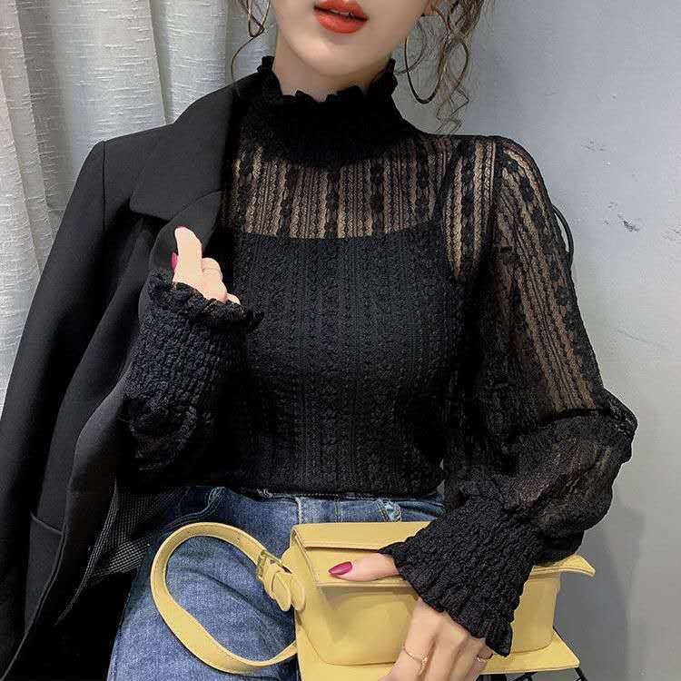 半高領蕾絲打底衫女內搭上衣百搭女學生韓版寬鬆長袖鏤空性感洋氣