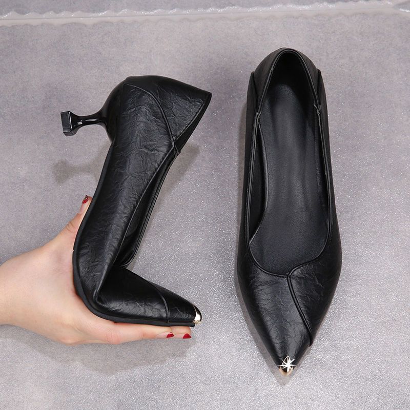黑色猫跟软皮两穿单鞋女新款韩版尖头高跟鞋女四季中跟职业工作鞋