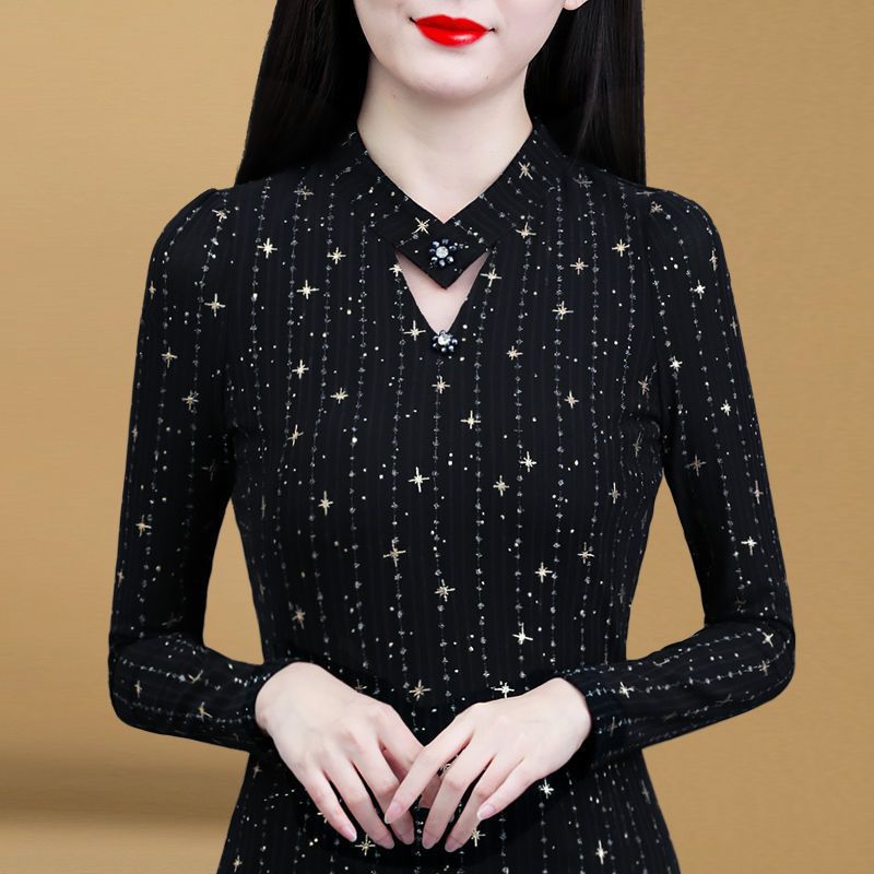 不加絨/加絨上衣女長袖2020秋冬新款百搭網紗打底衫顯瘦保暖小衫