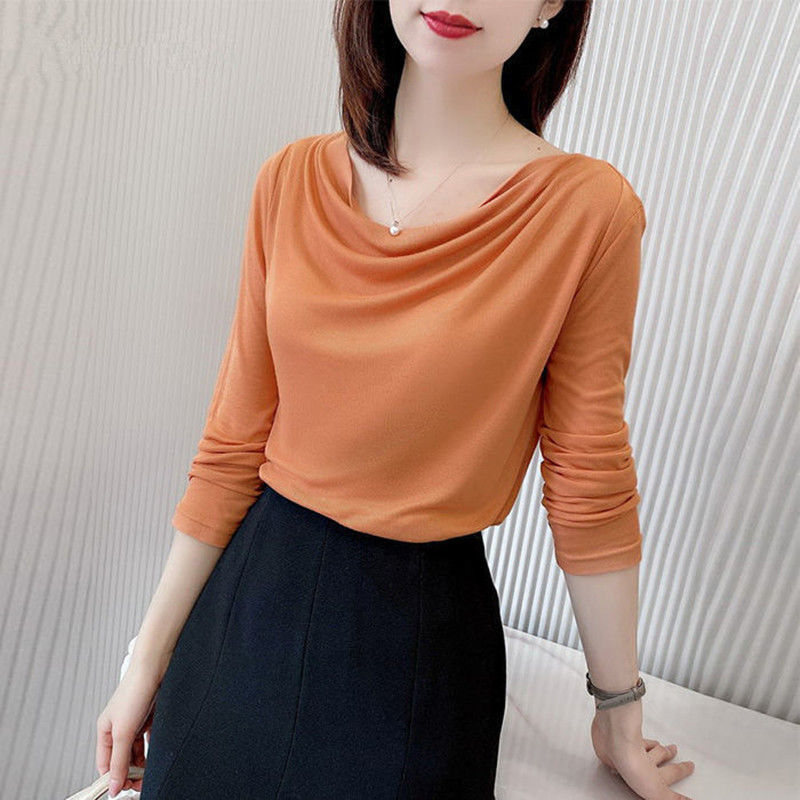  spring and autumn new pile collar long-sleeved bottoming shirt women's all-match solid color T-shirt women's fashionable temperament top trend