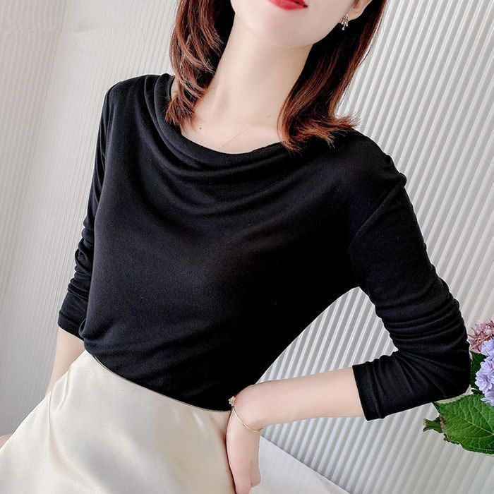  spring and autumn new pile collar long-sleeved bottoming shirt women's all-match solid color T-shirt women's fashionable temperament top trend