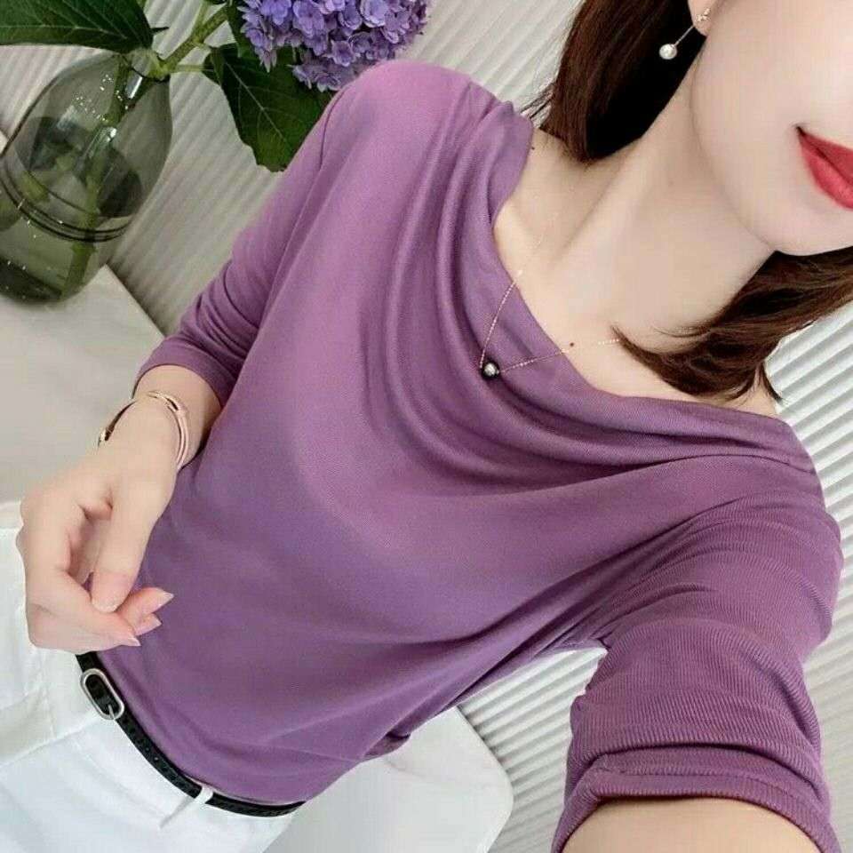  spring and autumn new pile collar long-sleeved bottoming shirt women's all-match solid color T-shirt women's fashionable temperament top trend