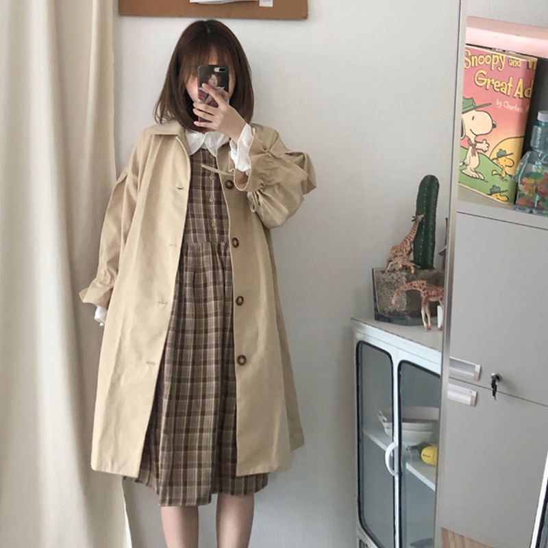 Windbreaker women's middle length fall / winter 2020 new Korean loose cotton sleeve lace up college style versatile coat