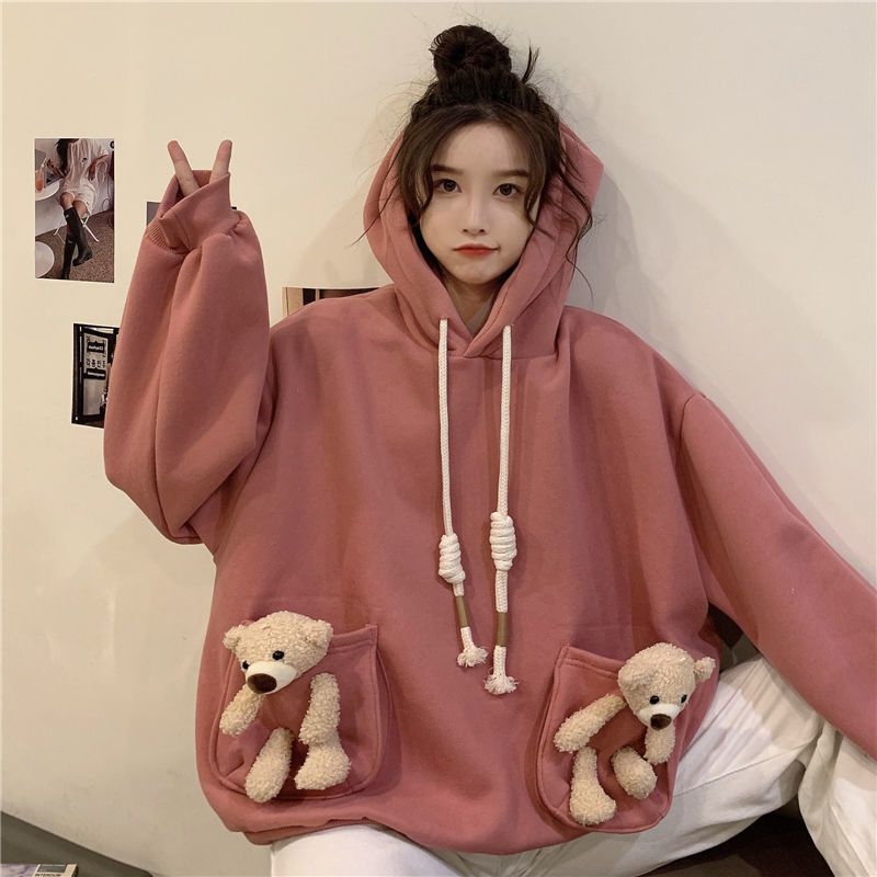 Autumn and winter new cute pocket bear sweater female loose student ins Fashion College style versatile Plush coat