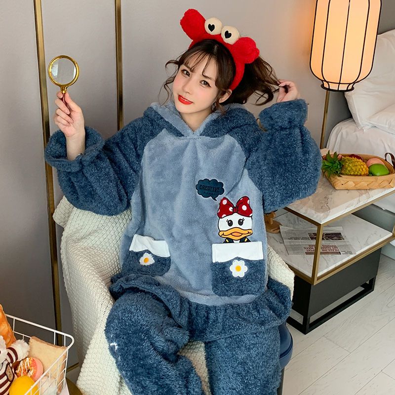 Pajamas women flannel lovely student warm suit coral fur autumn and winter thickening Plush women's home wear