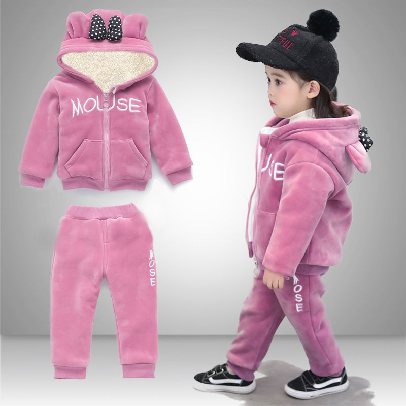 Girls' Plush thickened winter suit boys and girls' Plush hooded Sports Bear sweater suit fashion