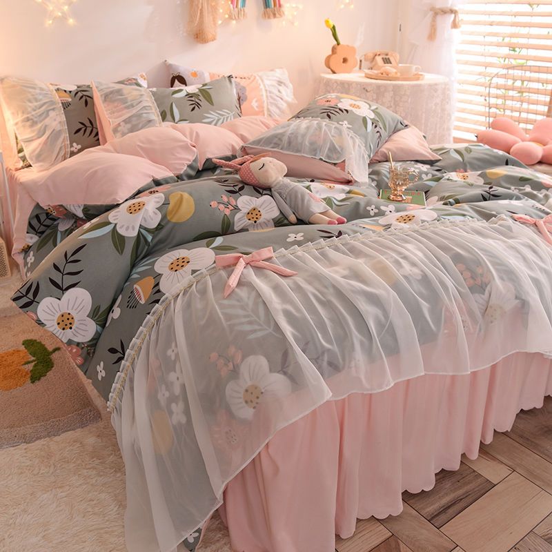 Ins net red girl bed skirt four-piece bedding princess wind thickened brushed 4-piece bed sheet three-piece set