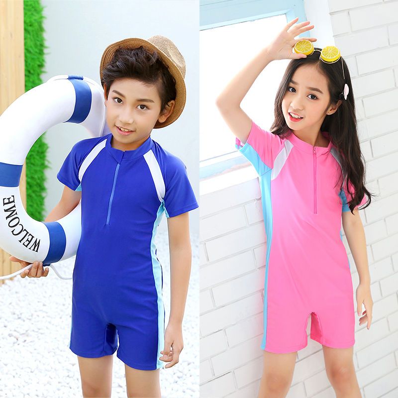 Swimming children's swimsuit, medium and large children's one-piece medium-sleeved boxer briefs, sun protection swimming swimsuit, children's training suit