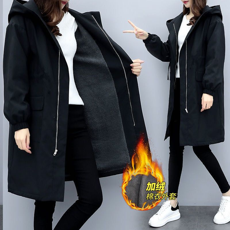 Plush / No Plush medium length autumn / winter 2020 new Korean women's loose and thickened hooded black windbreaker coat