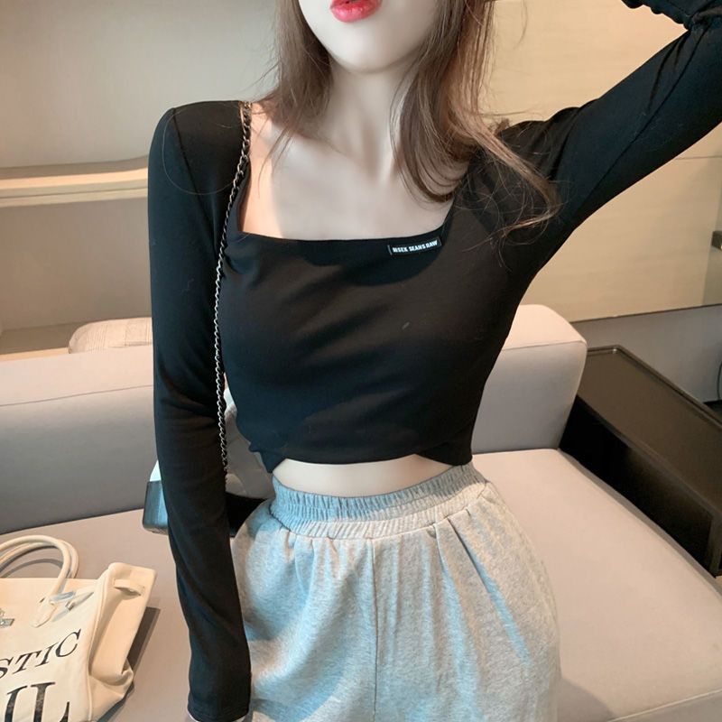 Retro French square collar large neckline short tight-fitting t-shirt women's spring and autumn long-sleeved high waist exposed navel inner bottoming shirt winter