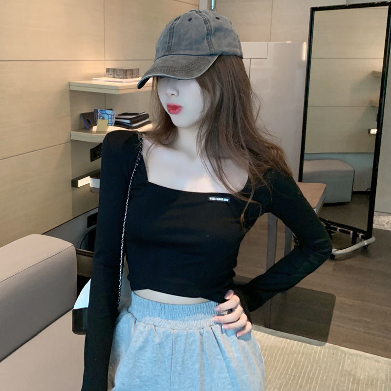 Retro French square collar large neckline short tight-fitting t-shirt women's spring and autumn long-sleeved high waist exposed navel inner bottoming shirt winter