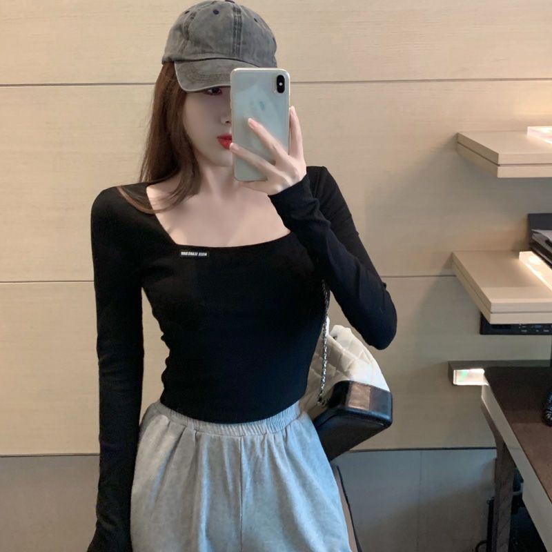 Retro French square collar large neckline short tight-fitting t-shirt women's spring and autumn long-sleeved high waist exposed navel inner bottoming shirt winter