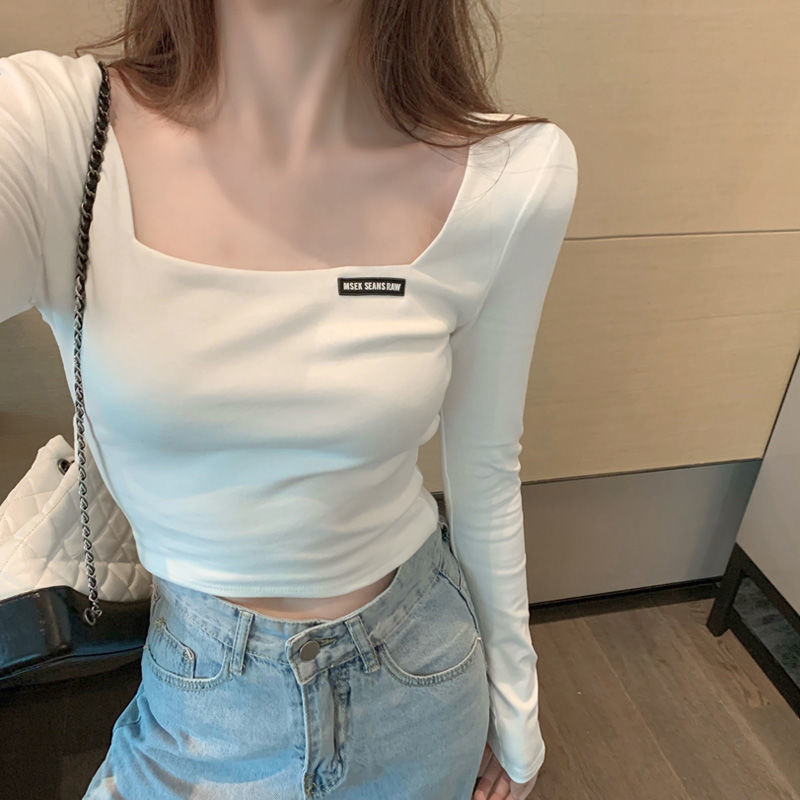 Retro French square collar large neckline short tight-fitting t-shirt women's spring and autumn long-sleeved high waist exposed navel inner bottoming shirt winter