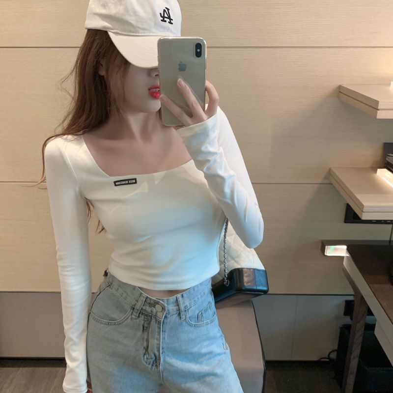 Retro French square collar large neckline short tight-fitting t-shirt women's spring and autumn long-sleeved high waist exposed navel inner bottoming shirt winter