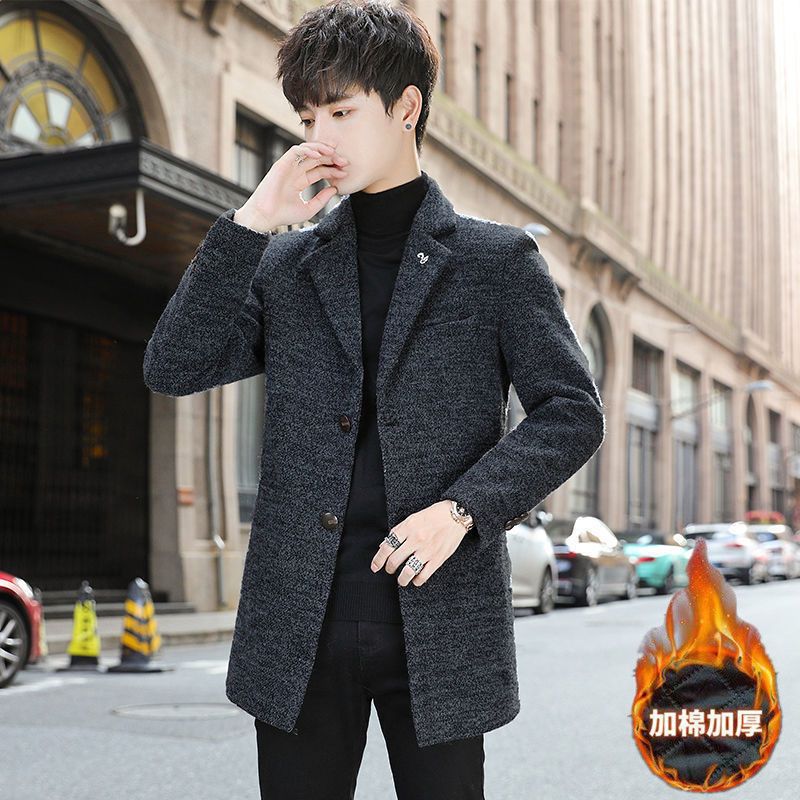 Wool coat men's mid long fashion Korean slim fit new winter warm woollen coat men's cotton thickening