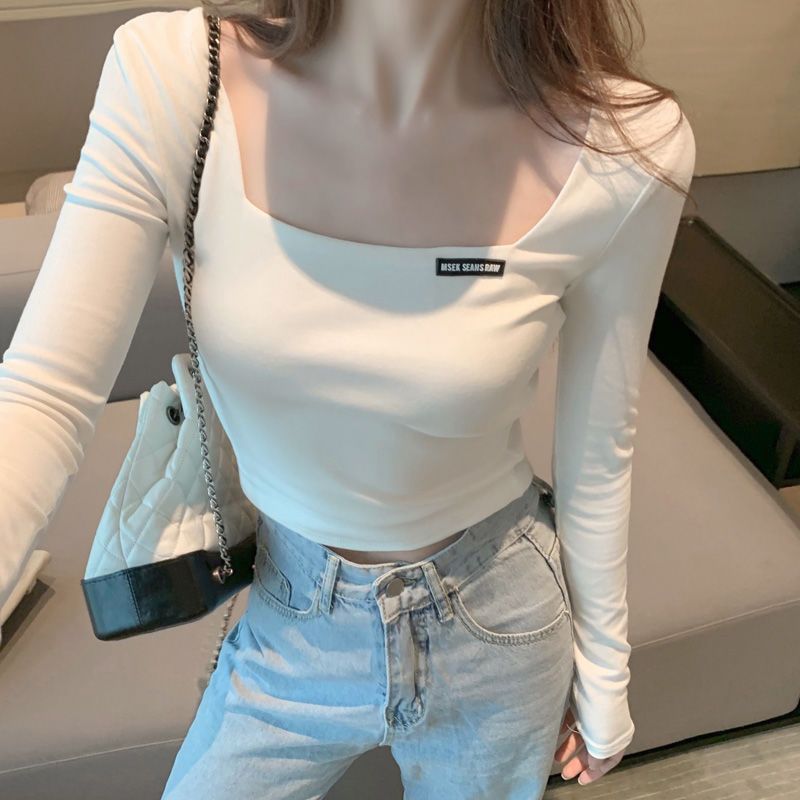 Retro French square collar large neckline short tight-fitting t-shirt women's spring and autumn long-sleeved high waist exposed navel inner bottoming shirt winter