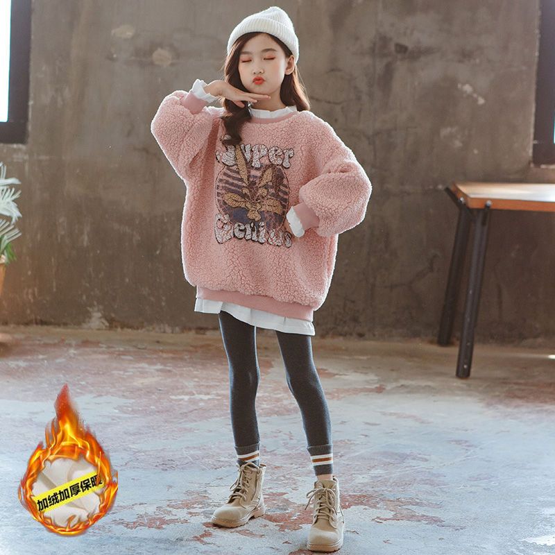 Girls' Plush sweater 2021 new Zhongda children's warm and thickened base shirt children's Korean autumn winter suit