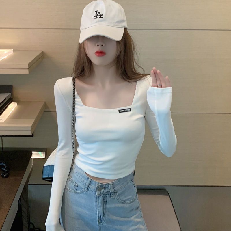 Retro French square collar large neckline short tight-fitting t-shirt women's spring and autumn long-sleeved high waist exposed navel inner bottoming shirt winter