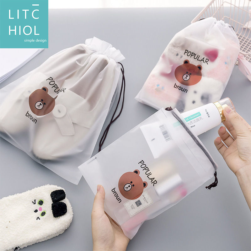 Travel storage bag cute bear drawstring bag mouth transparent waterproof toiletries underwear portable travel shoe bag