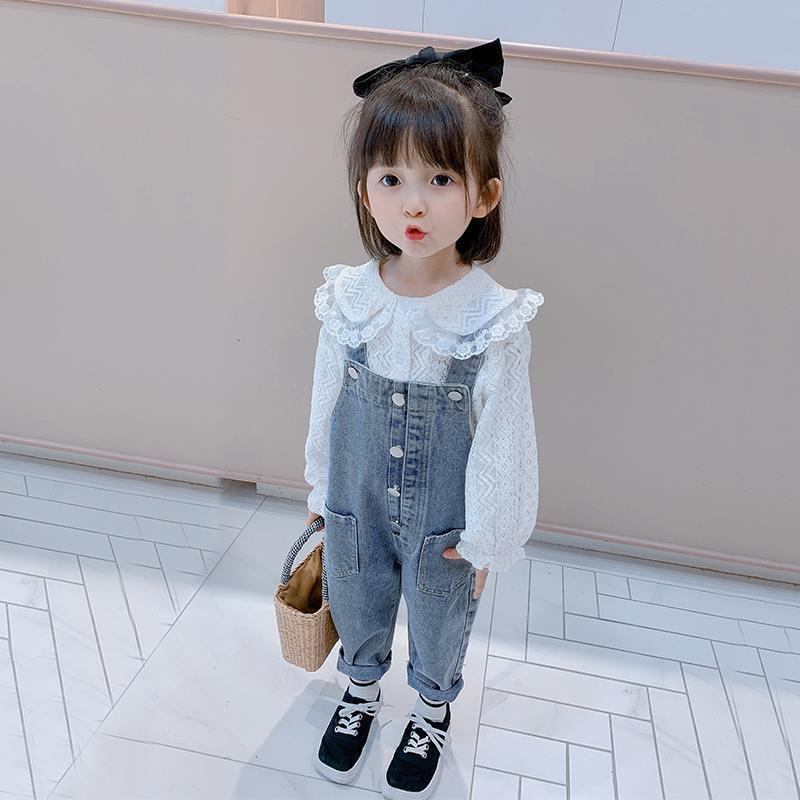 女童秋季新款背帶褲兩件套小女孩蕾絲上衣兒童寶寶牛仔休閒寬鬆褲