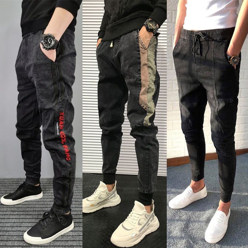 网红痞帅裤子抖音潮男修身小脚裤社会人束脚裤精神小伙九分牛仔裤