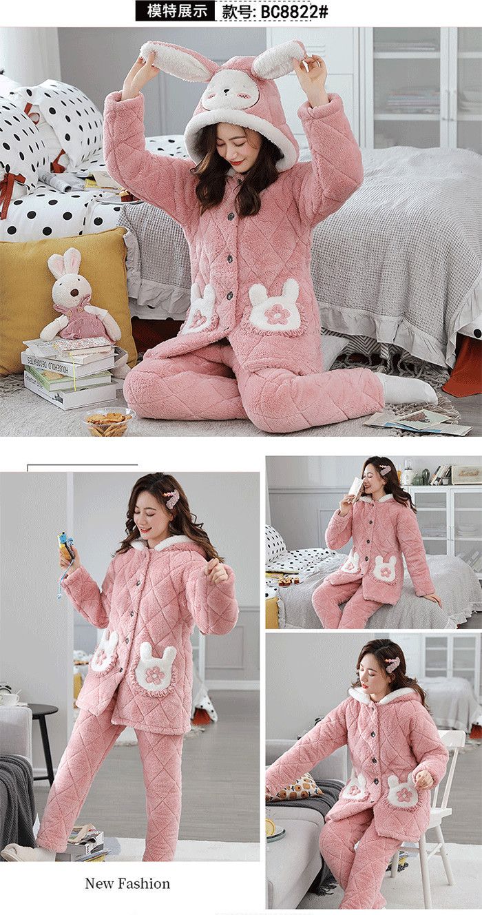 睡衣女冬季三层加厚珊瑚绒夹棉女学生韩版可爱加绒家居服棉袄套装