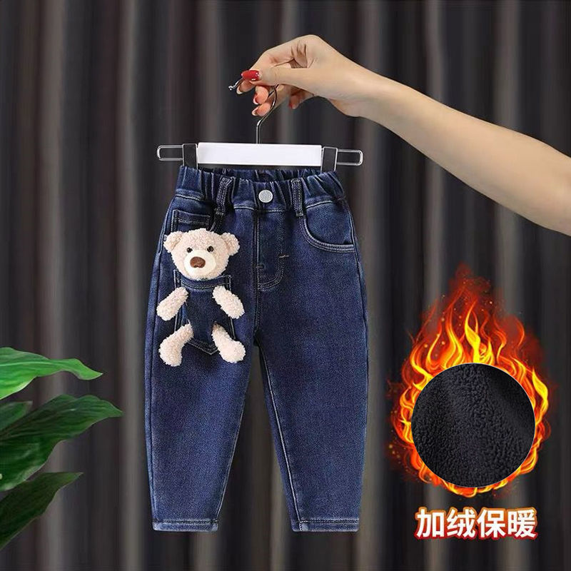 Girls' jeans autumn and winter foreign style children's Plush trousers baby winter new warm casual pants