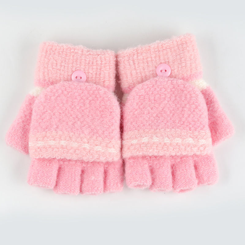 巴布豆女童手套冬季针织保暖宝宝可爱学生毛线翻盖五指儿童半指套